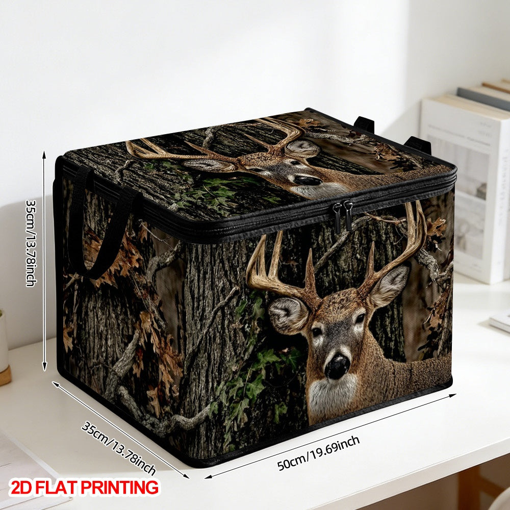 Autumn Deer and Tree Lidded Storage Bin with Zipper Closure – Large Capacity Flat Design