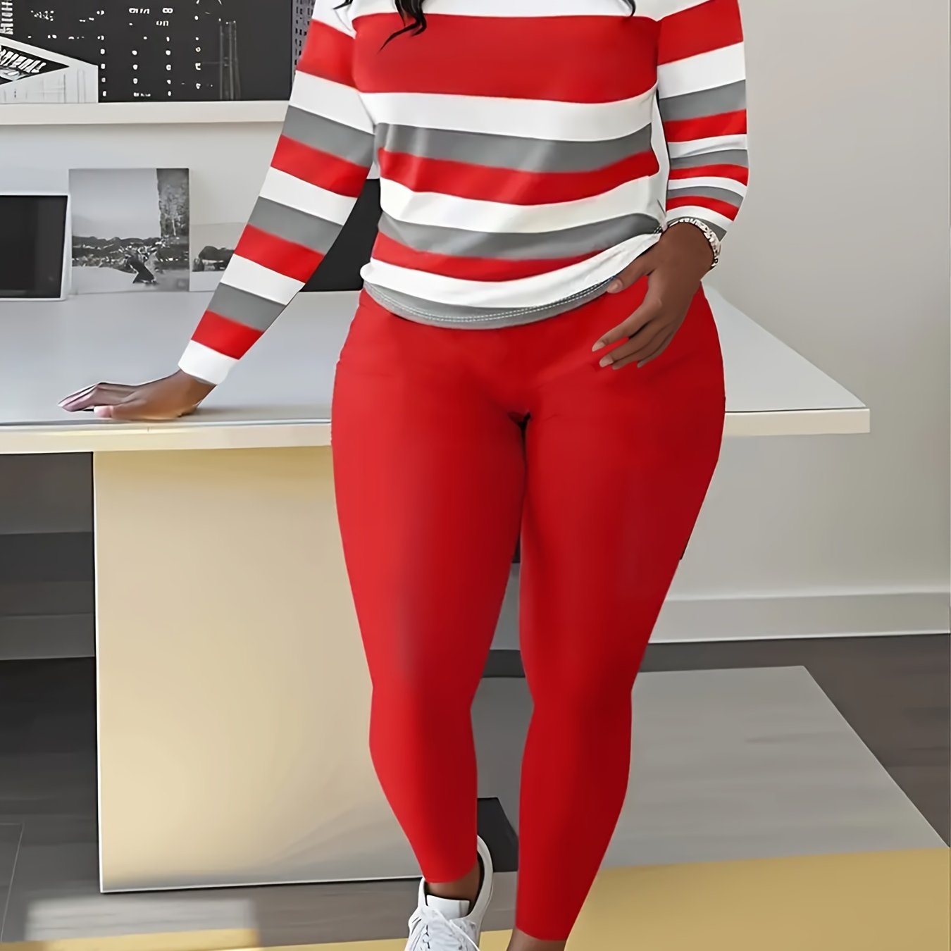 Women's Striped Long Sleeve T-Shirt and Solid Color Long Pants Set