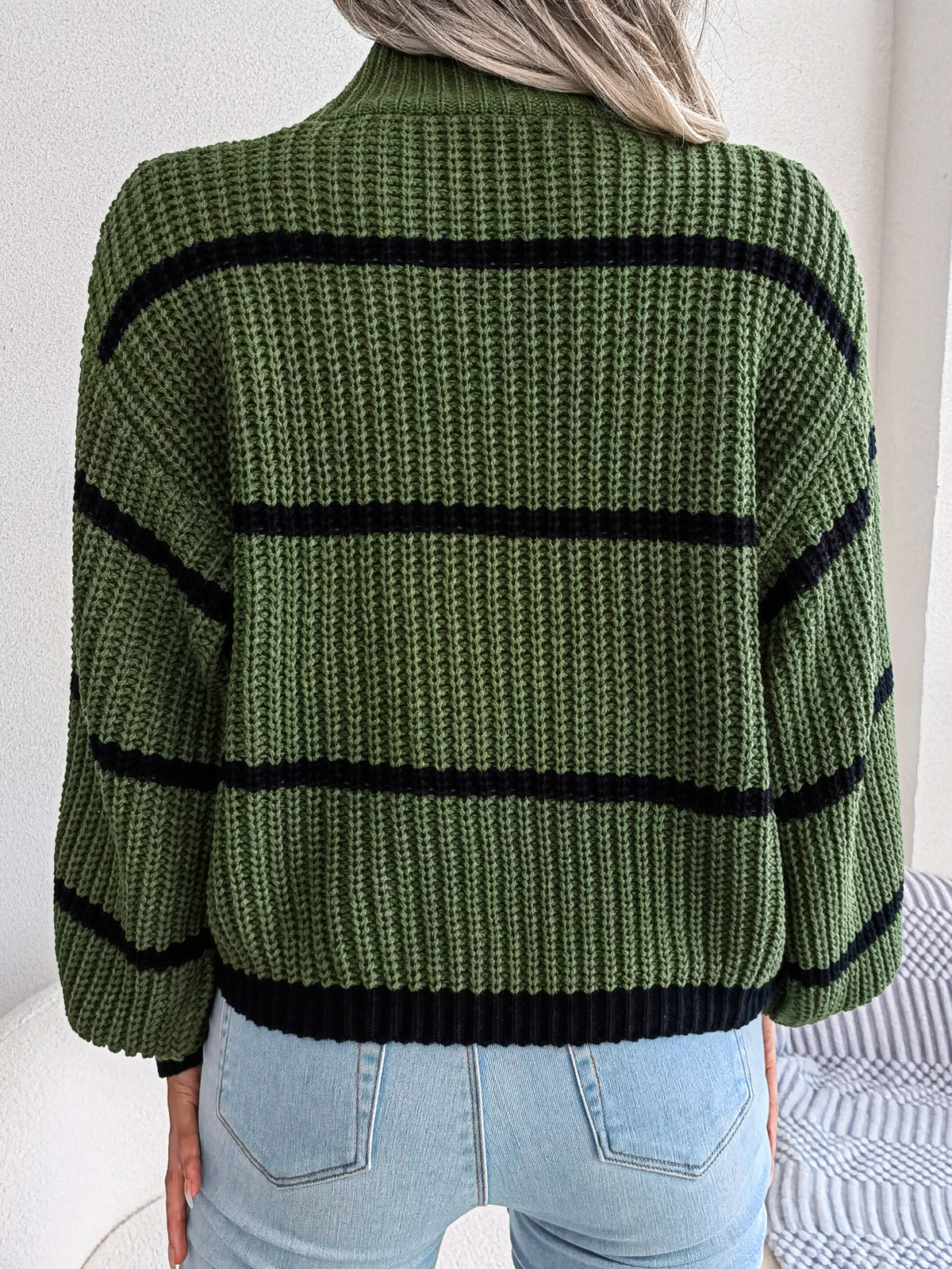 Women Casual Striped Lantern Sleeve Half Turtleneck Knit Sweater