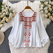 French-style Versatile Geometric Embroidered Round-neck Lantern-sleeve Shirt