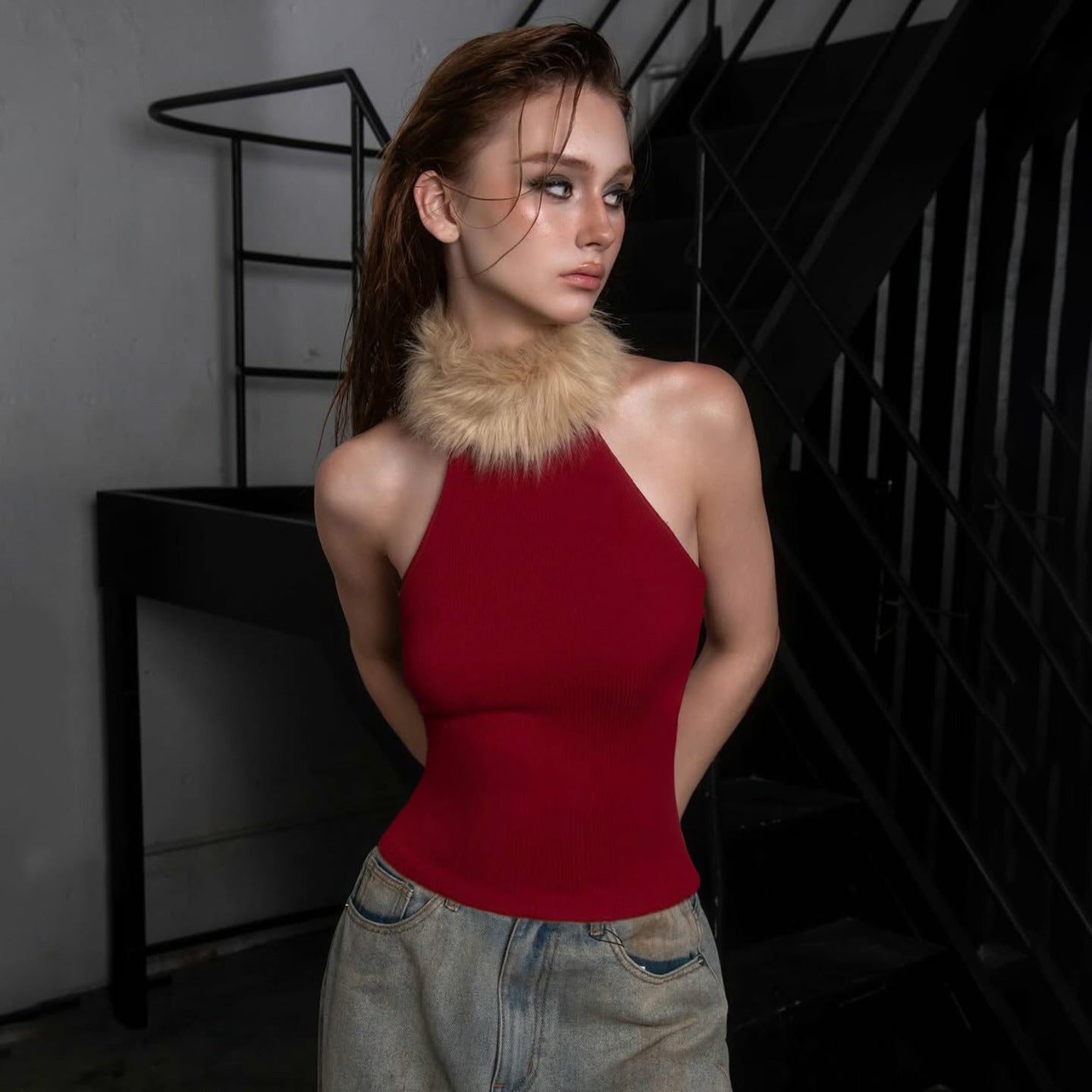 Retro Slim-Fit Patchwork Top – Flattering Waist‑Cinch Red