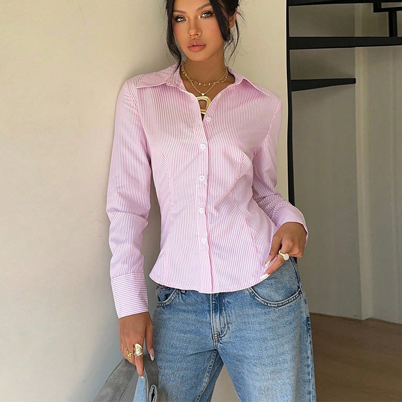 Elegant Striped Waist-tied Long-sleeve Shirt For Women