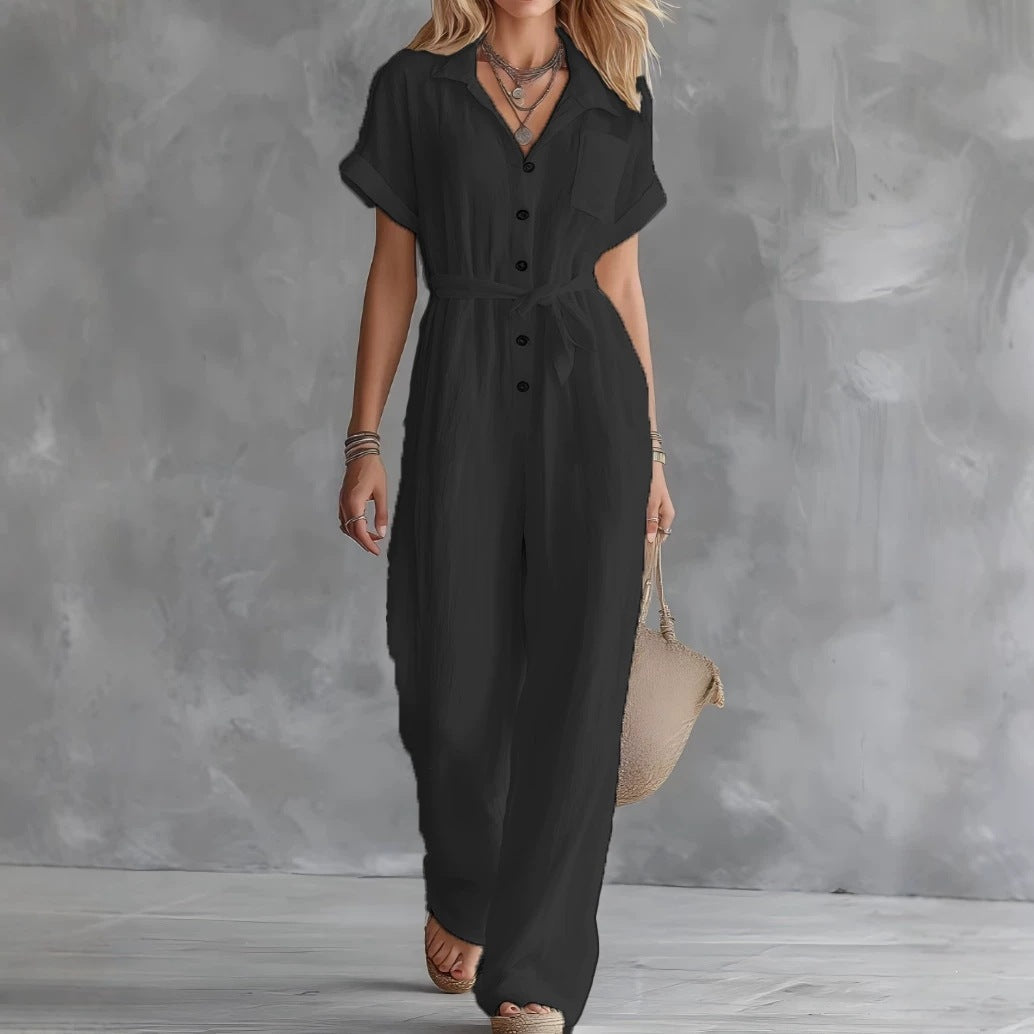 Womens Casual V-Neck Lace-Up Jumpsuit With Pockets