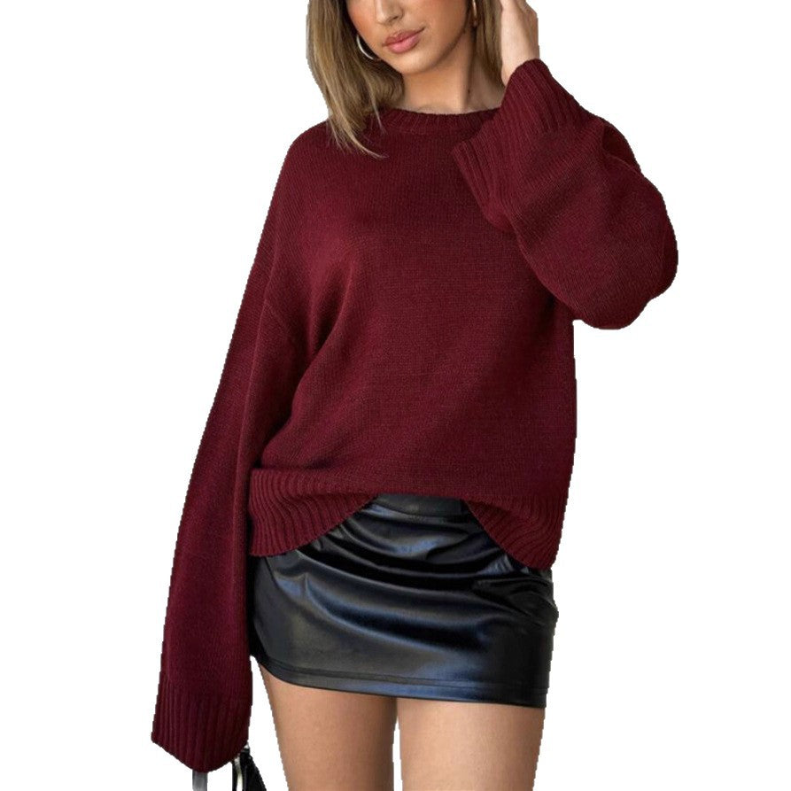 Winter Womens Loose Knitted Sweater with Round Neckline and Wide Cuffs