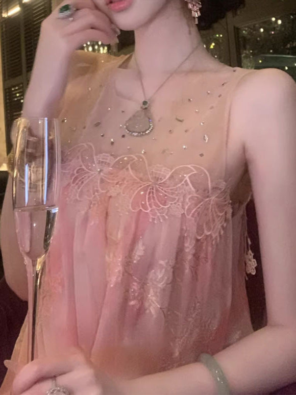 Ombre Rhinestone Mesh Patchwork A-Line Dress