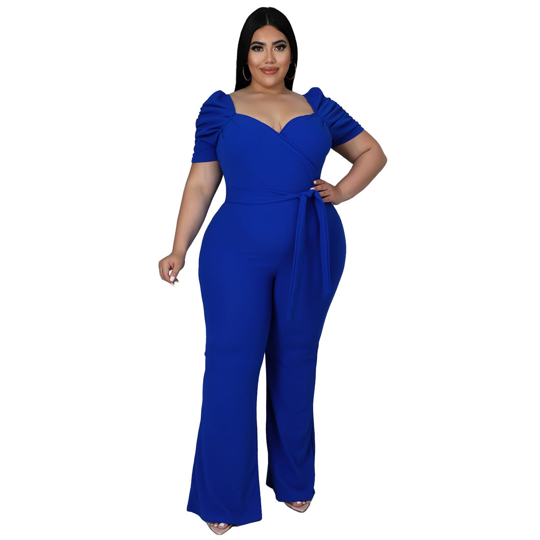 Women's Plus-Size Ruffle Sleeve High-Waist Wide-Leg Jumpsuit
