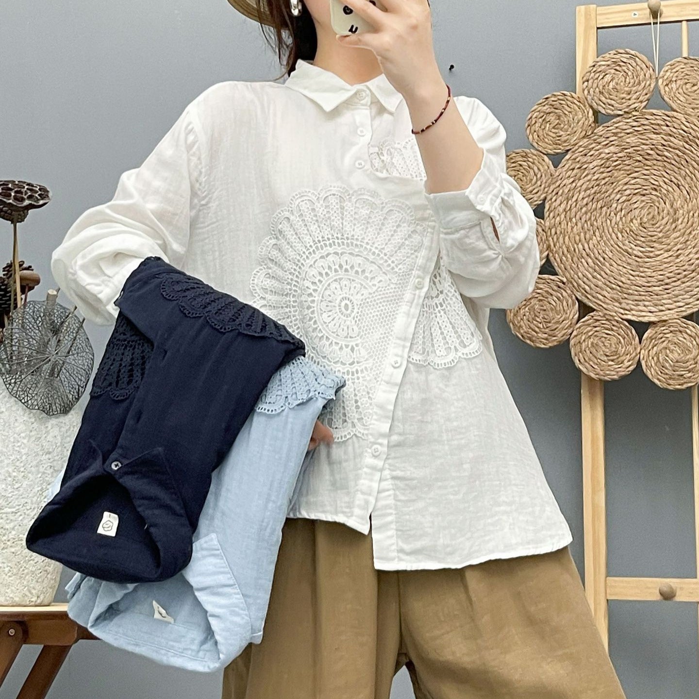 Women's Long-Sleeve New Arrival Embroidered Chic Embroidered Shirt Top