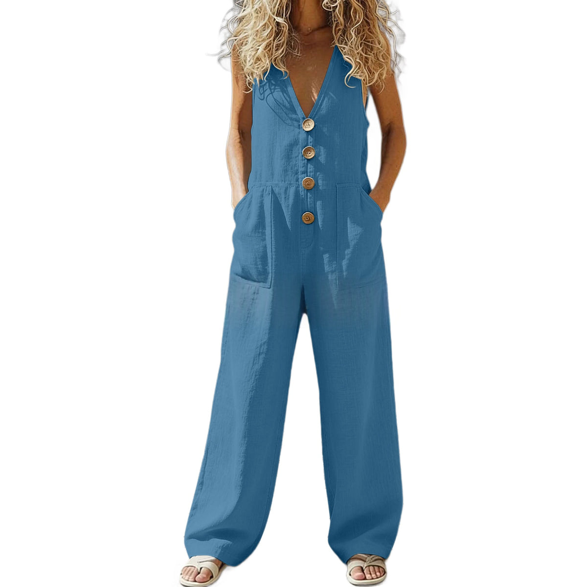 New European And American-style Loose-fitting V-neck Sleeveless Jumpsuit For Women