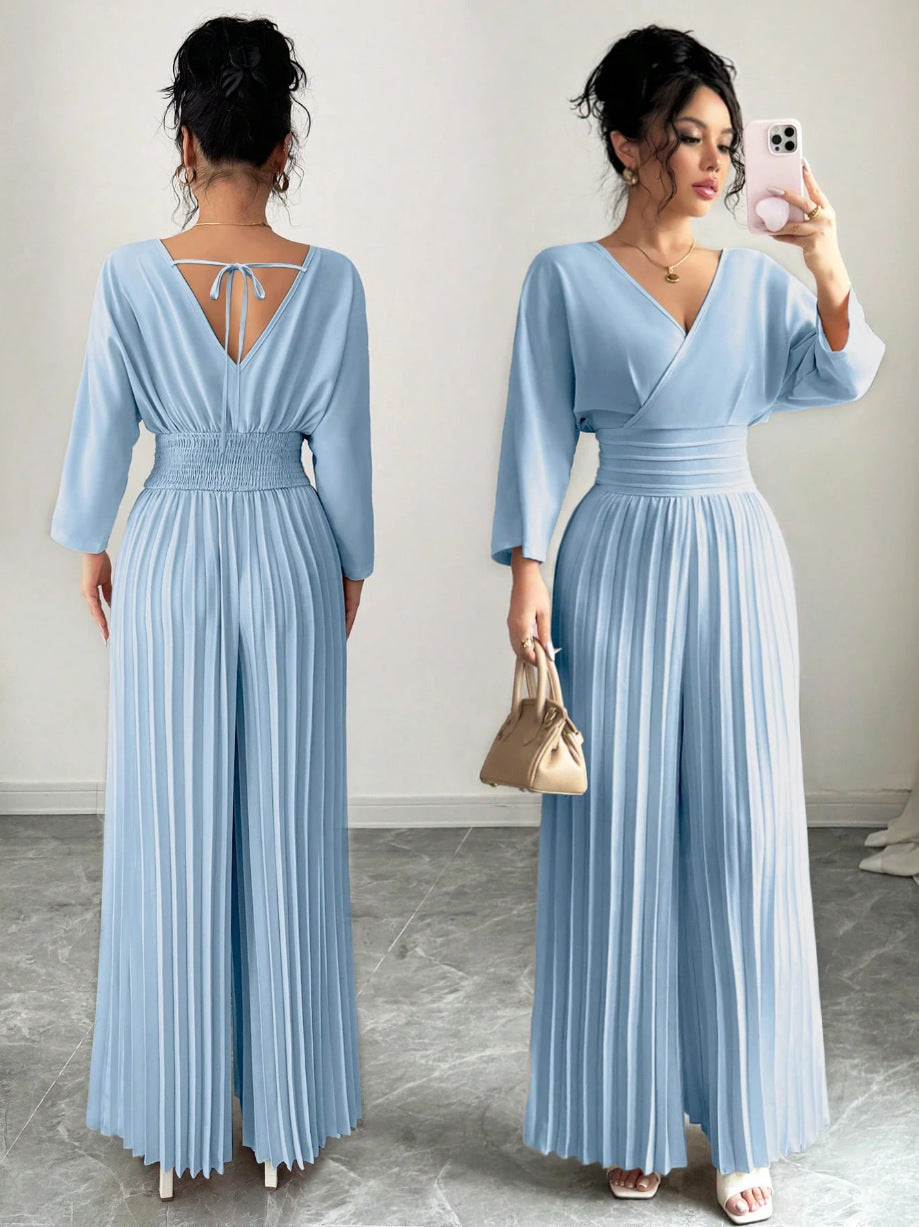 Elegant V-Neck High-Waist Pleated Jumpsuit