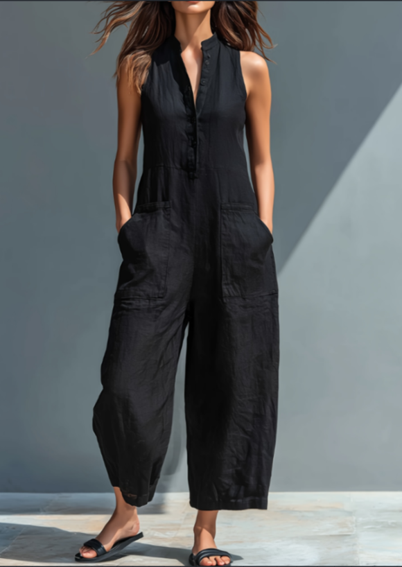 Linen Lantern Crop Jumpsuit Stand Collar Summer Romper