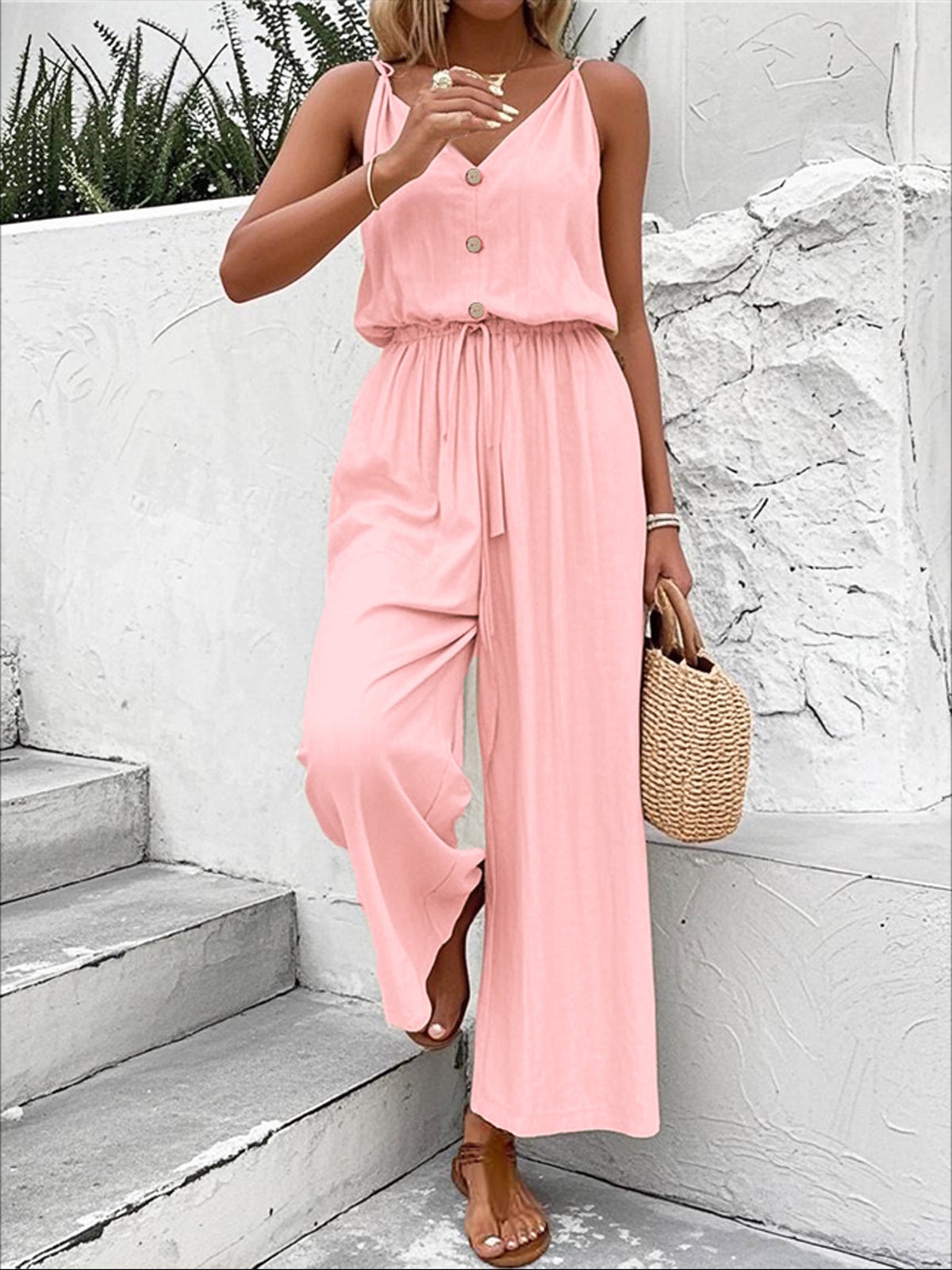 Solid-color Buttoned Suspender Wide-leg Pants Elastic-waist Jumpsuit