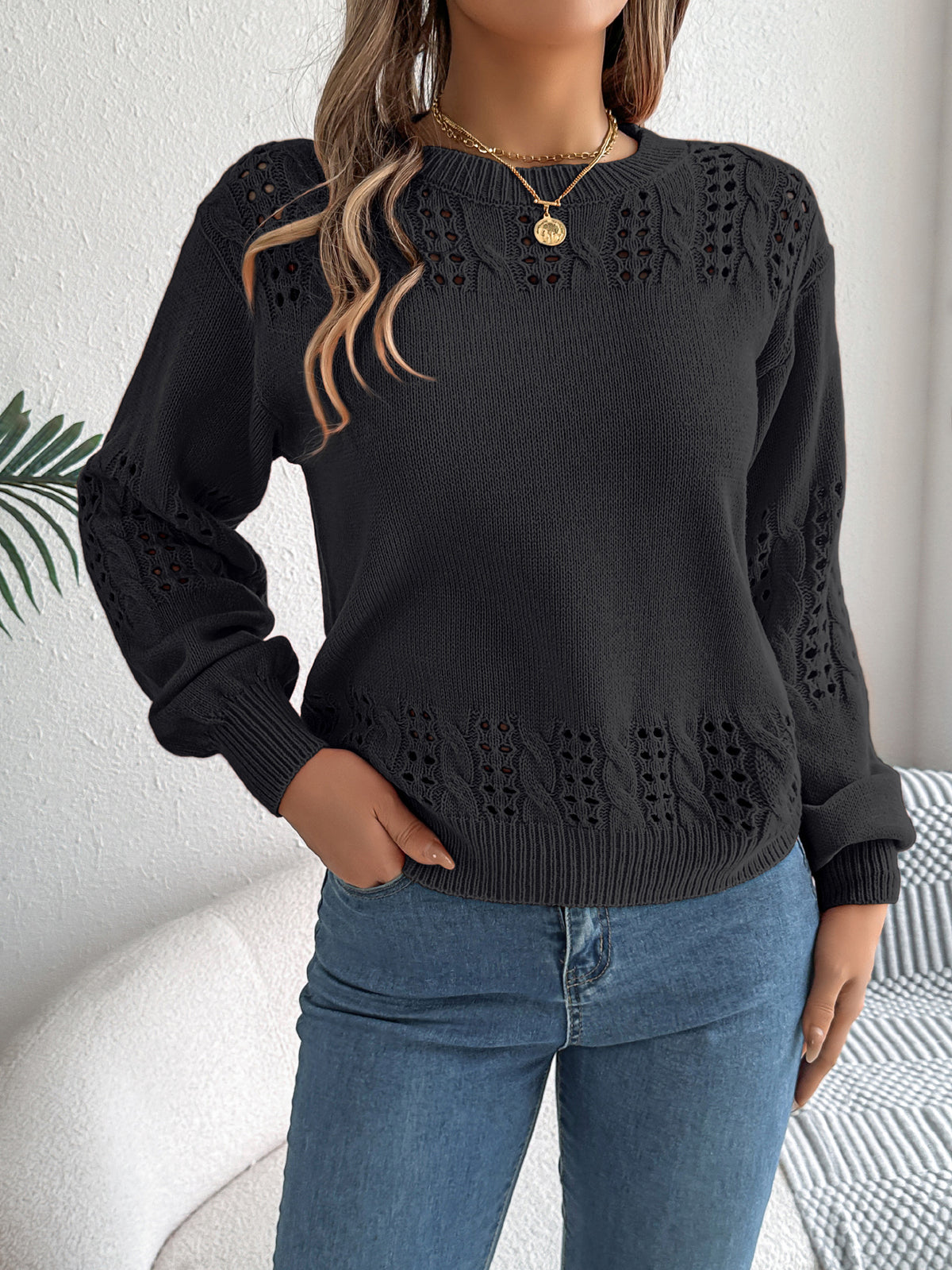 Women Casual Solid Color Hollow Out Lantern Sleeve Pullover Sweater