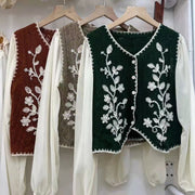 Retro V‑Neck Embroidered Long‑Sleeve Top – All‑Match Casual Shirt