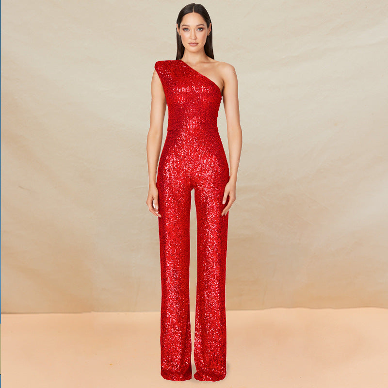 Glamorous One-Shoulder Sequined Wide-Leg Jumpsuit