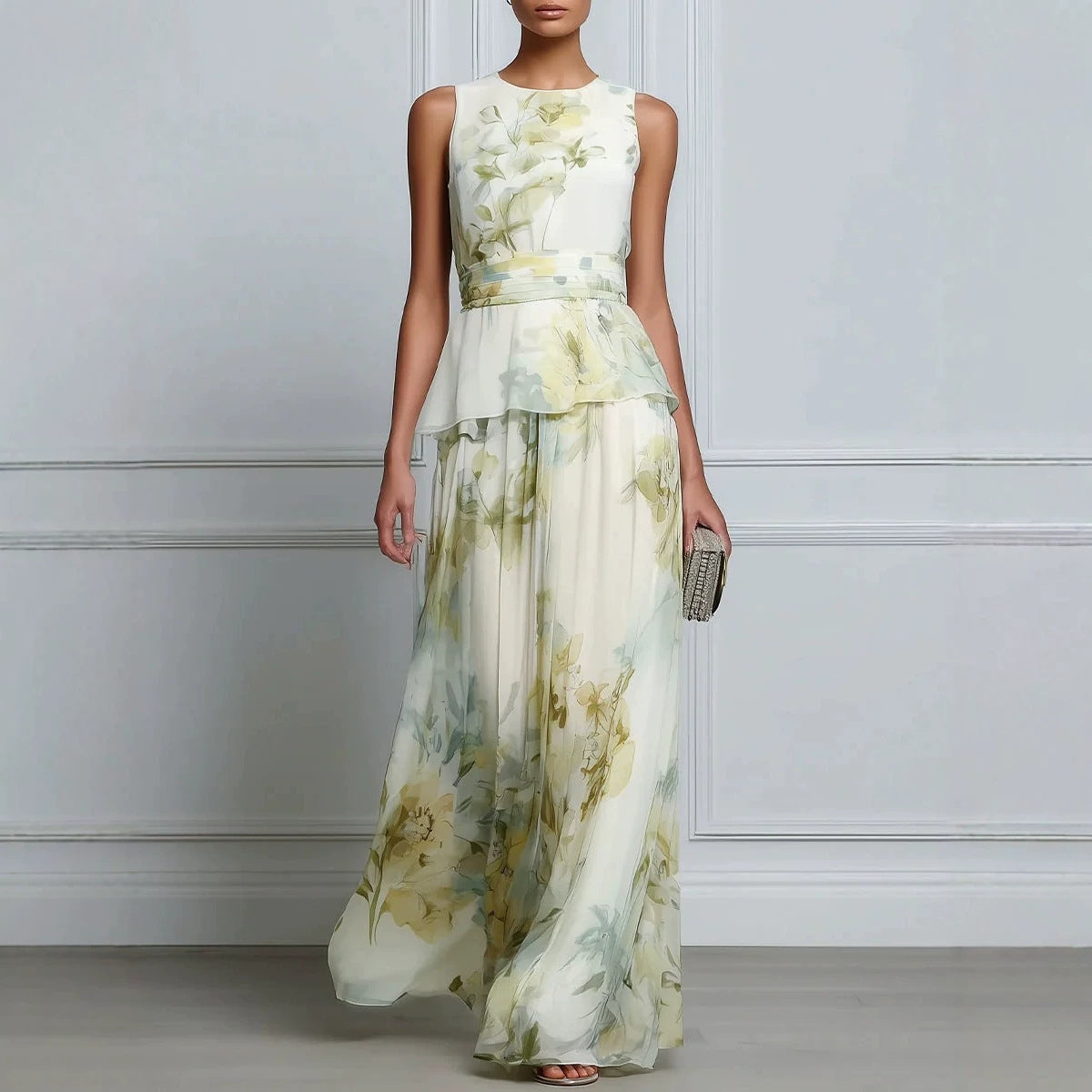 Elegant Sleeveless Floral Long Dress with a Print