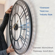 1pc 24 Inch Large Metal Wall Clocks For Living Room Farmhouse Decor, Mid-Century Industrial Clock Outdoor Indoor, Cut-Out Iron, Silent, Battery Operated