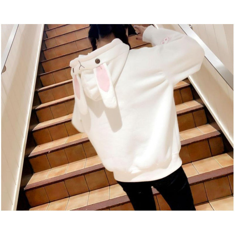 Cute Bunny Ear Embroidered Pocket Fleece Hoodie for Women