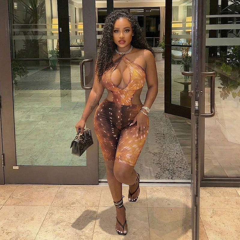Trendy Printed Halter-Neck Backless Jumpsuit