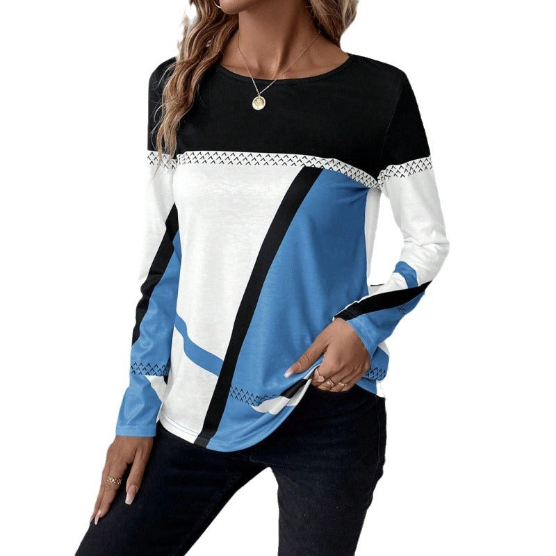 Geometric Print Contrast Stitching Pullover Top