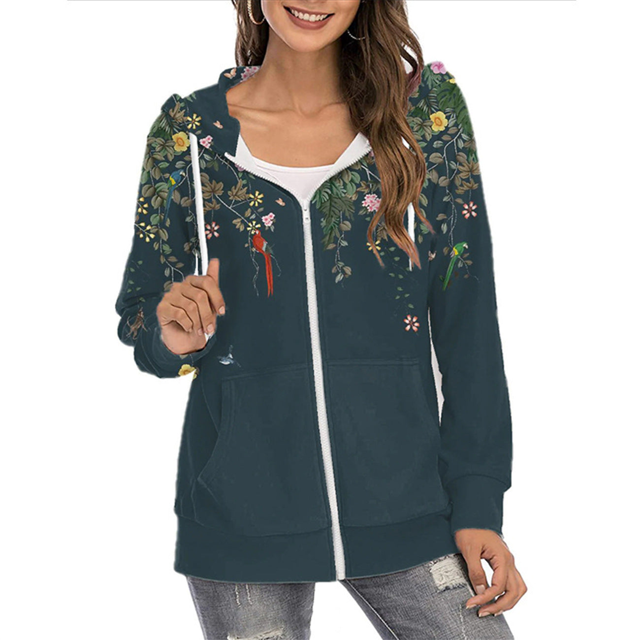 Women's Gradient Floral Print Zipper Commuter Hoodie