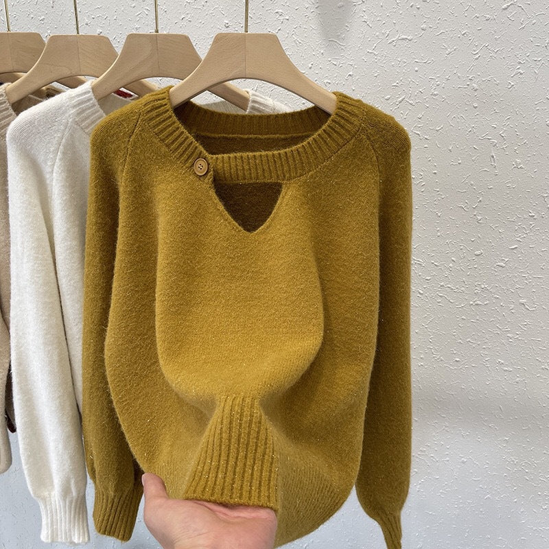 Knitted Sweater Women's Autumnwinter Korean-style Loose-fit Slimming Top with Exposed Collarbones and Long Sleeves