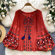 Retro Boho Embroidered Lantern Sleeve Top – Loose Fit, One Size