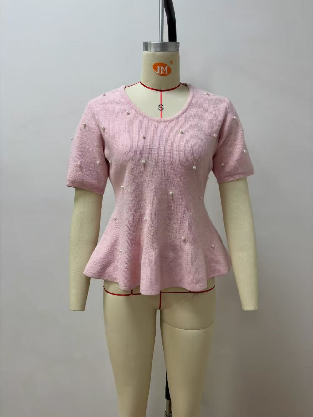 French Gentle Style Pearl Decoration Short Sleeved Knitted Sweater Soft and Skin Friendly Waist Cinched Ruffle Edge Plush Women's Top