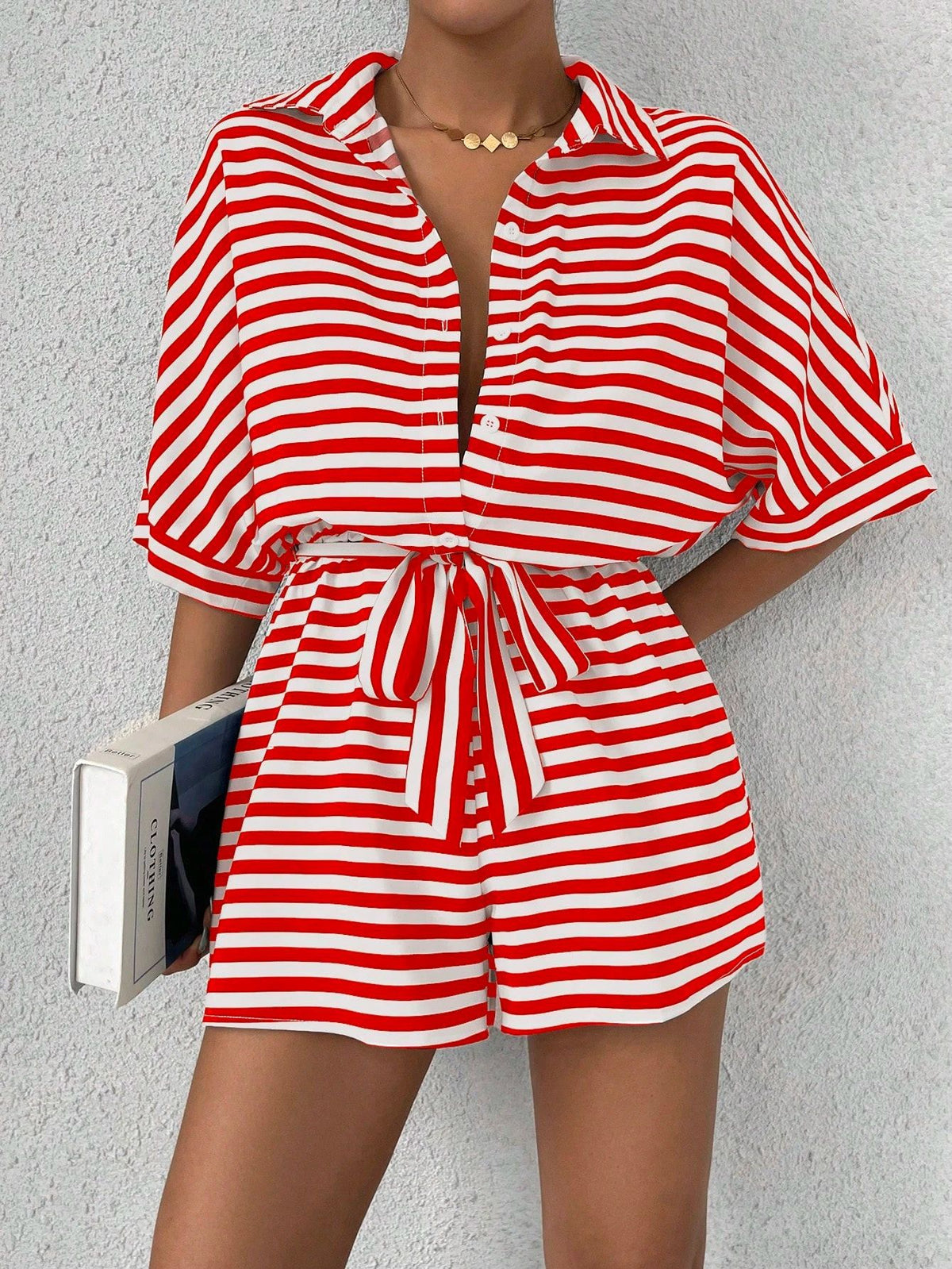 Summer Striped Lapel Belted Jumpsuit