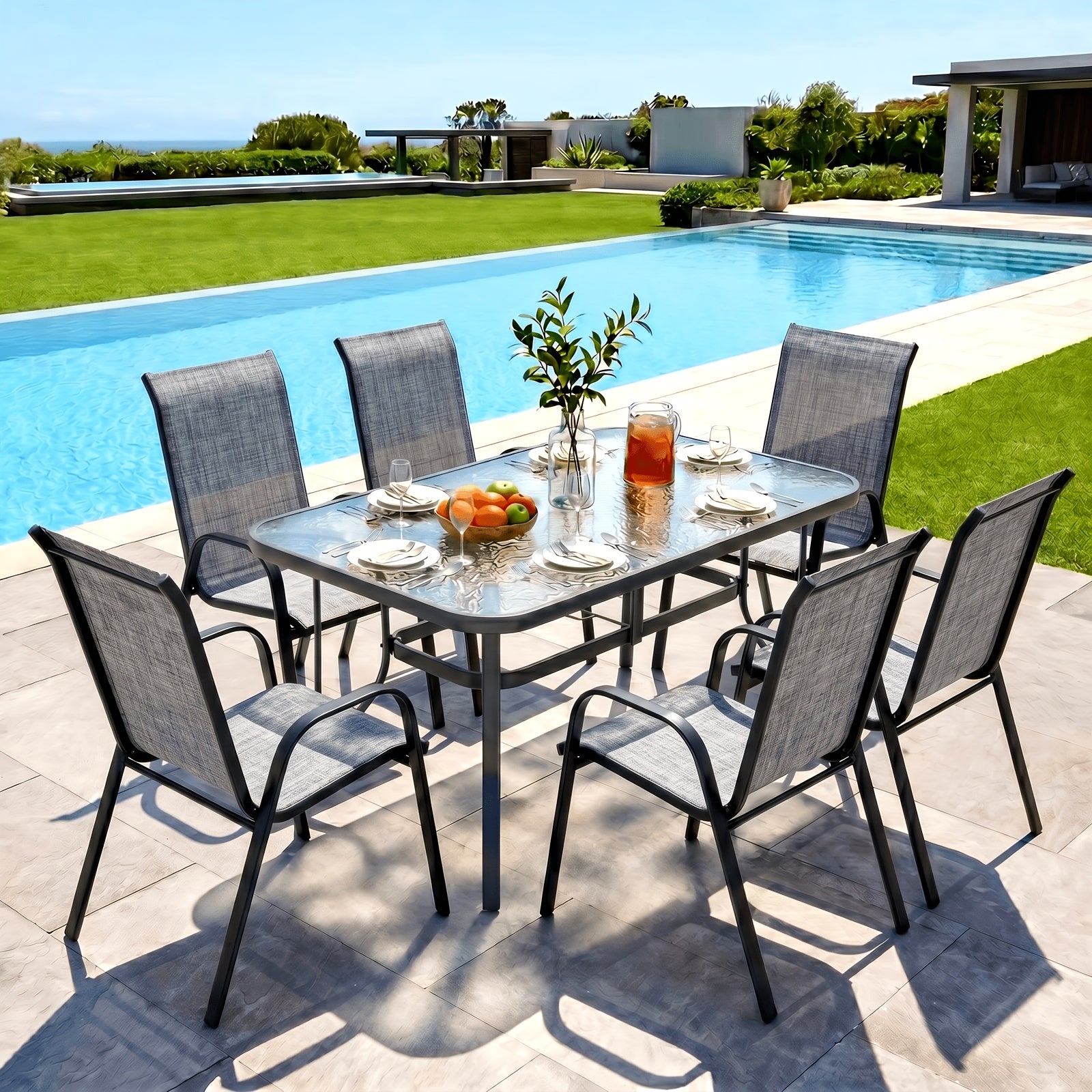 [All Weather Patio Set] Patio Dining Set for 6, Outdoor Table And Chairs W/ 1.69" Umbrella Hole, 30" X 55" Table And Stackable Textilene Chair, All Weather Patio Furniture Set (Umbrella Not Included)