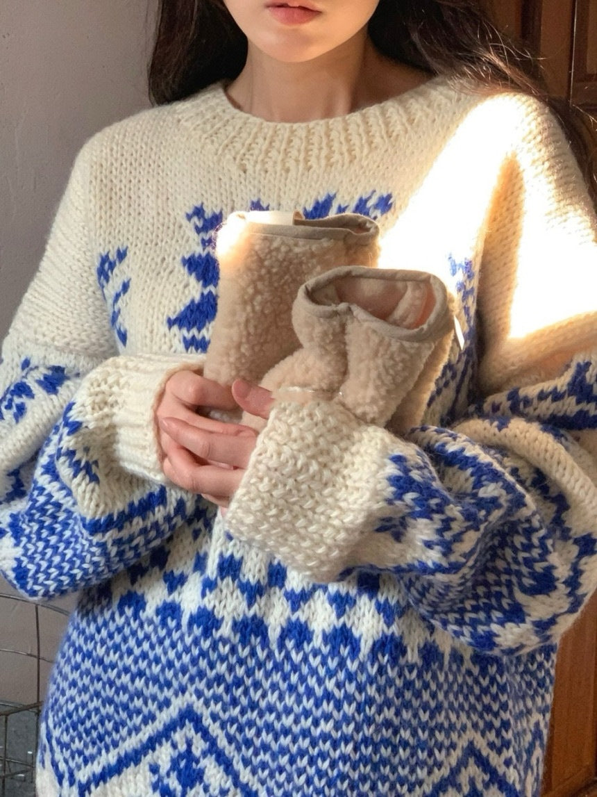 Color-block Jacquard Long-sleeve Warm Sweater for Women