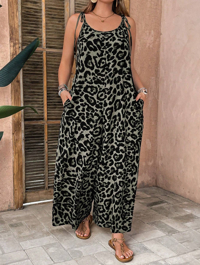 Leopard-print Strap Jumpsuit Plus-size Womens Clothing