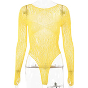 Jumpsuit Tight High Elastic Knitted Sheer Long Sleeve