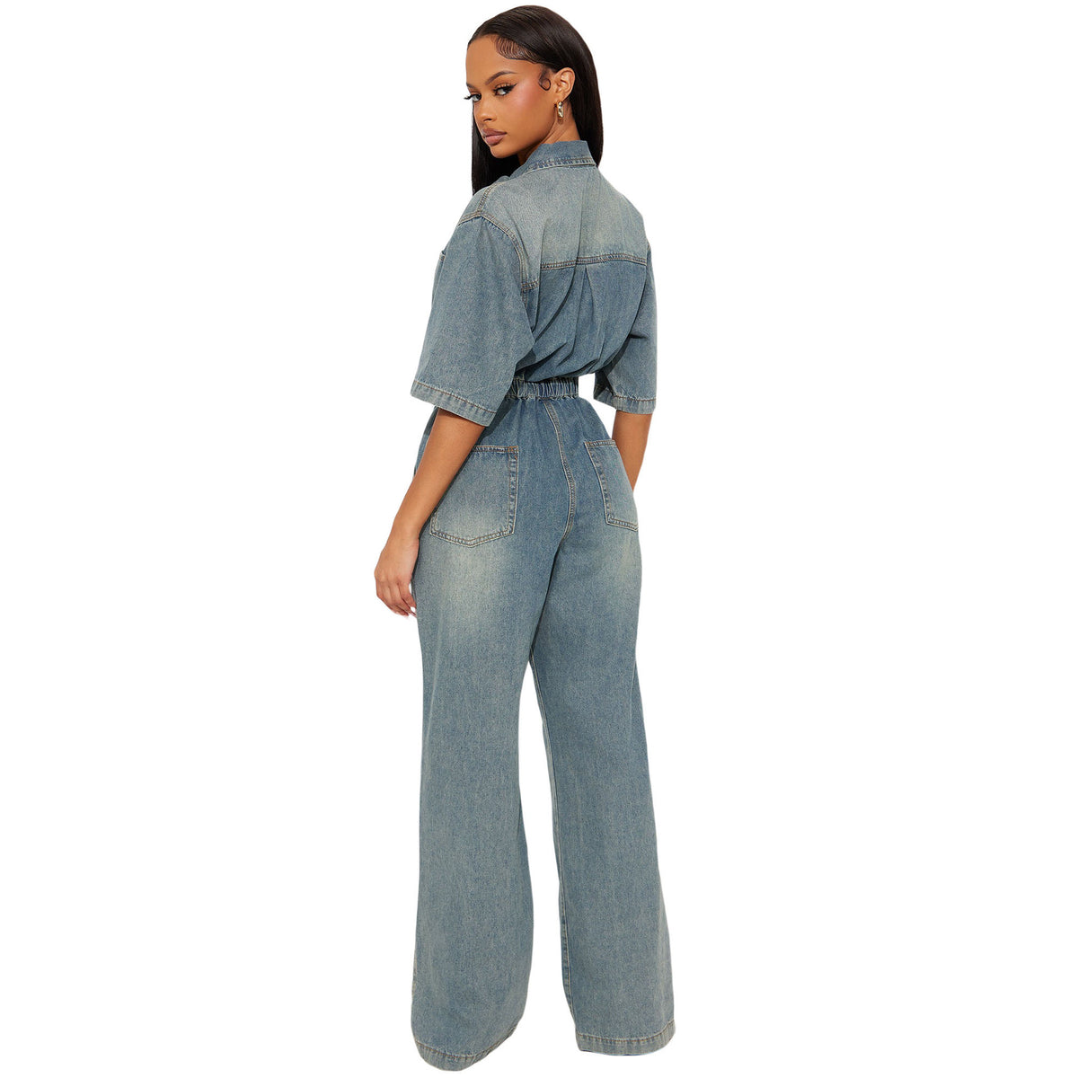 Slim-fit Stretch Washed Denim Jumpsuit