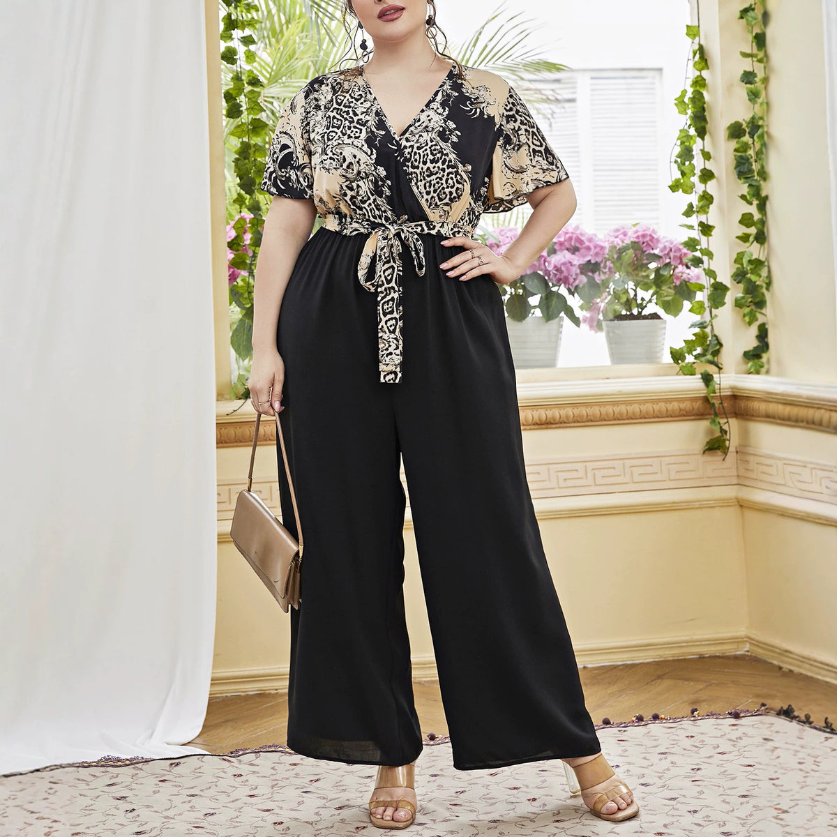 Plus-Size Floral Patchwork Wide-Leg Jumpsuit