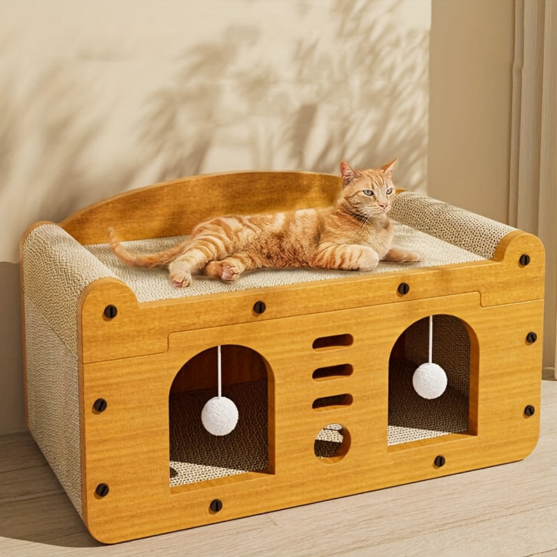 Spacious Cat House for Indoor & Outdoor Use - Multi-Feature Condo with Dual Scratching Boards, Plush Balls, and Ventilation Doors, Ideal for Cats