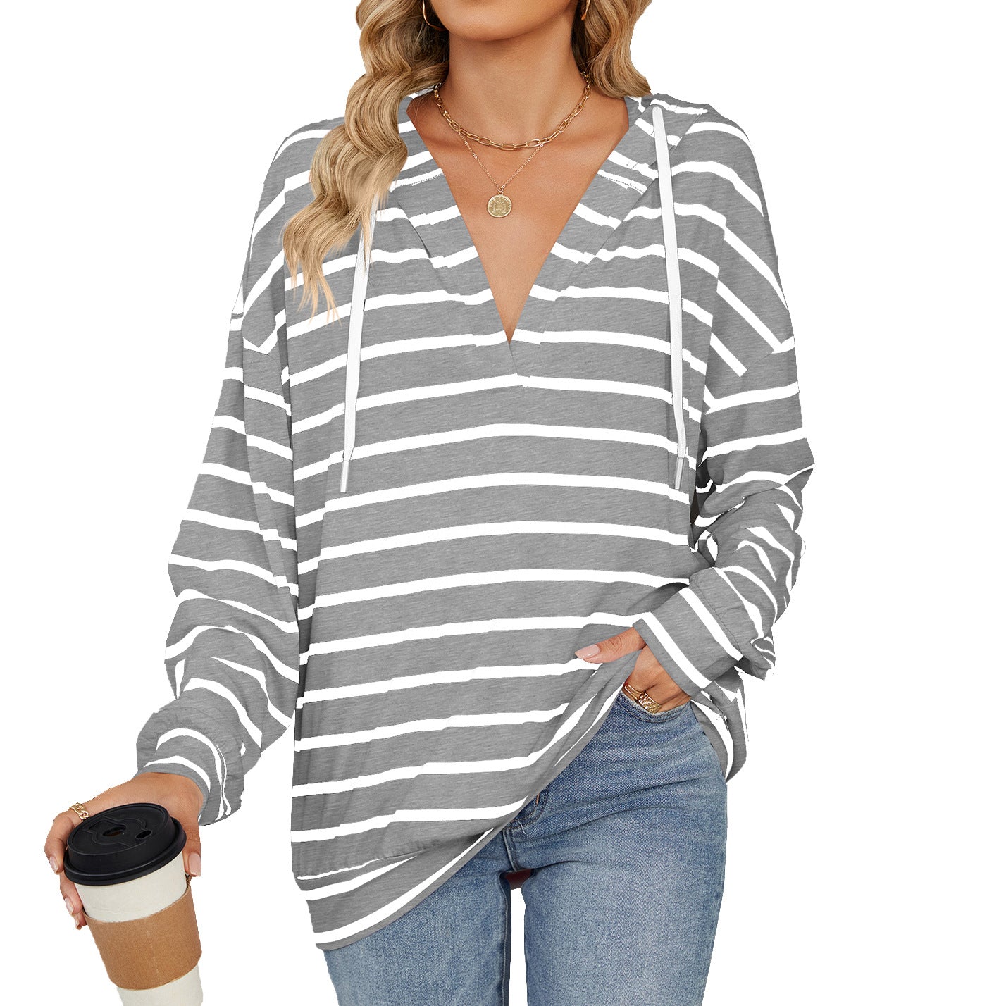 Women's Striped Drawstring Long Sleeve Hoodie Sweatshirt