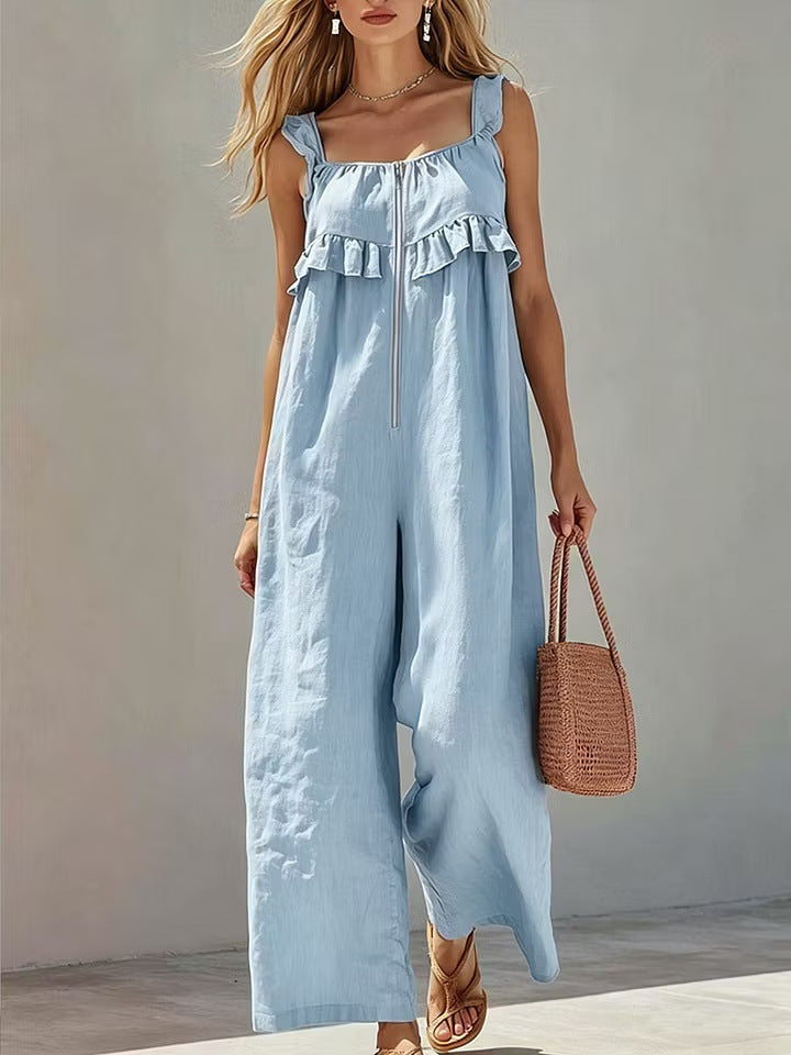 Chic Sleeveless Solid-Color Straight-Leg Jumpsuit