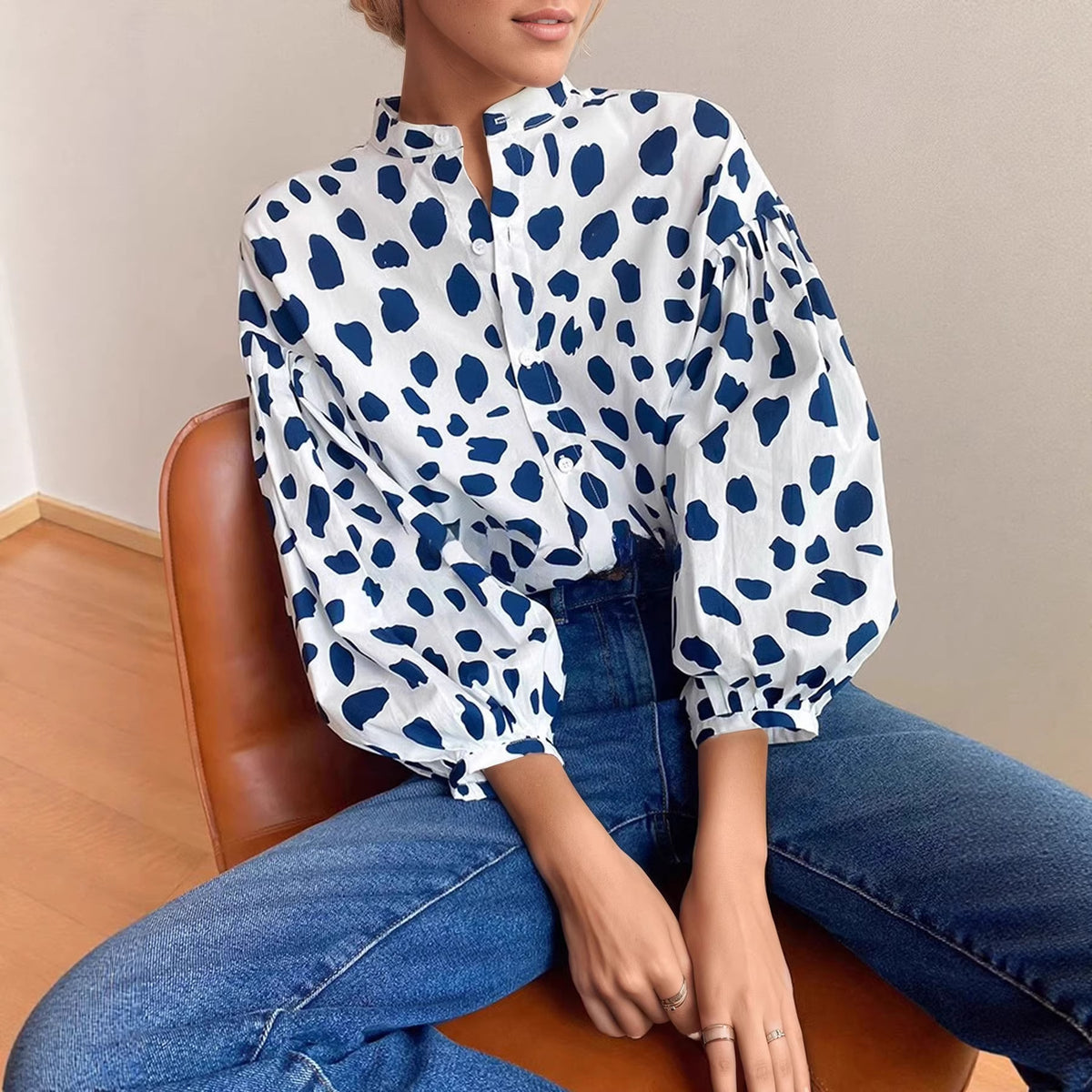 Chic Polka Dot Lantern Sleeve Work Top