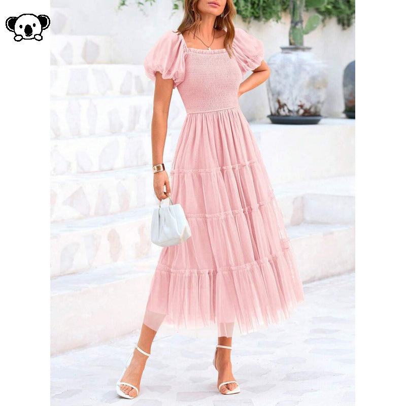 Square-neck Ruffled Casual Sheer Long Dress