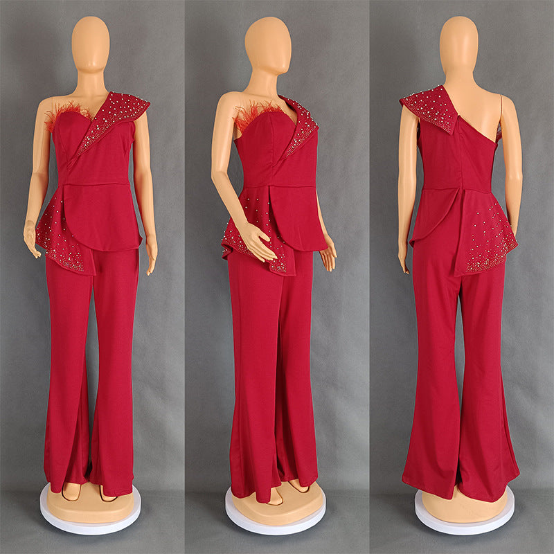 Feather Off-Shoulder High Waist Casual Jumpsuit
