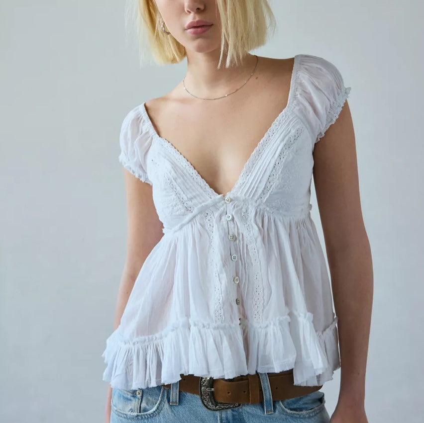 Elegant Sweet Lace Princess Top – White Chiffon Short Sleeve Blouse