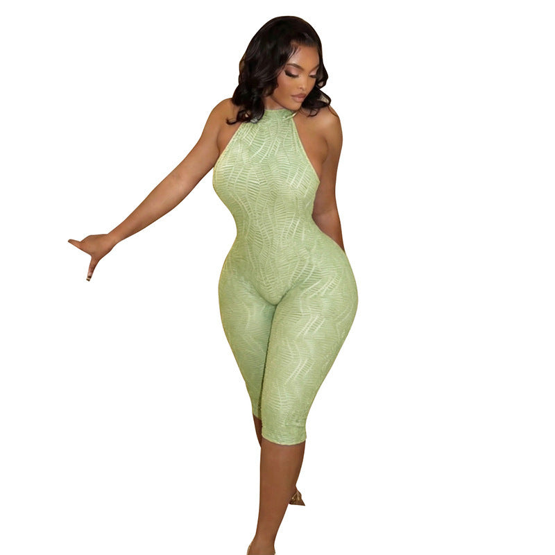 Womens Solid-Color Cropped Skinny Jumpsuit