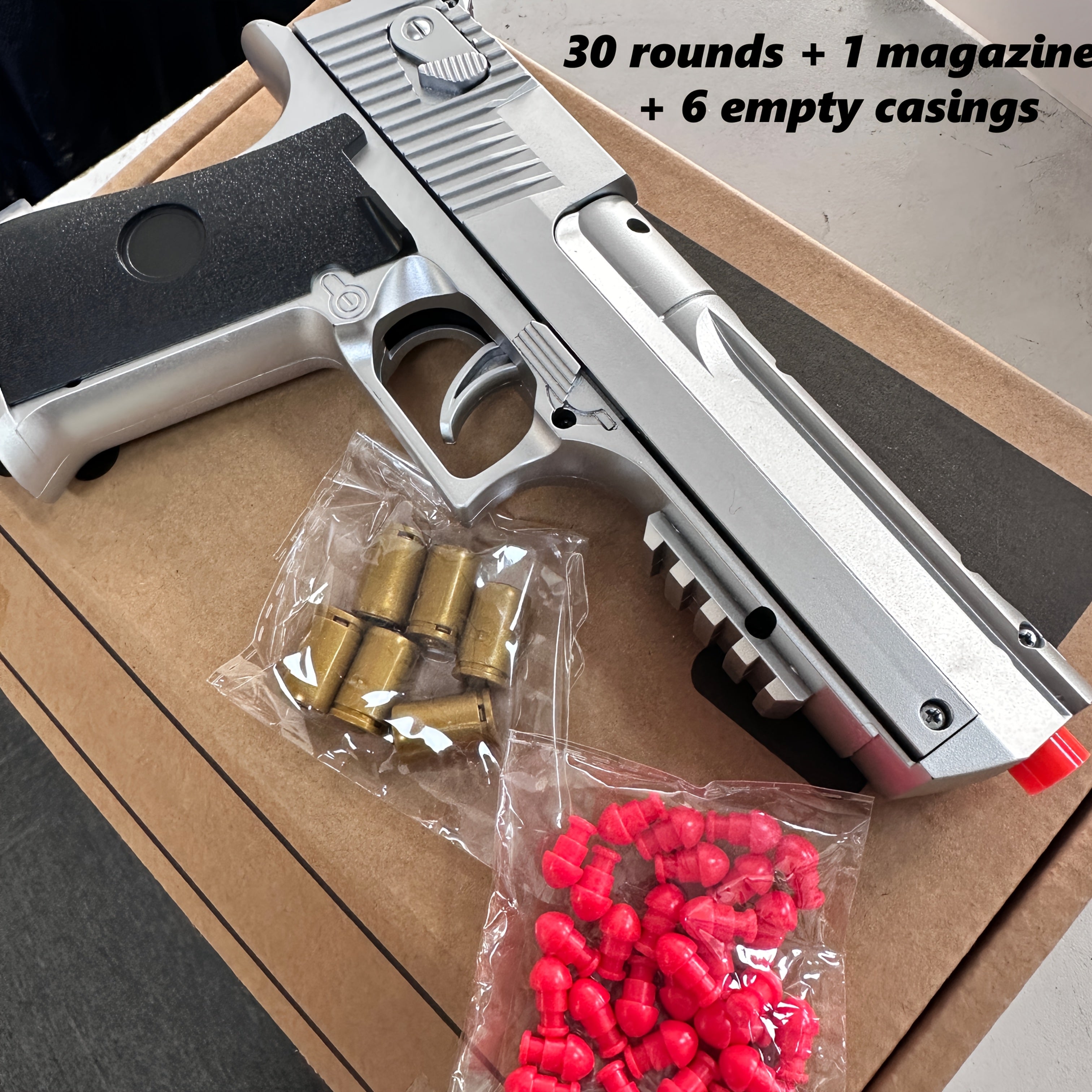Semi-Automatic Toy Pistol with Cartridge Ejection, Auto-Recovery, 30 Rounds, 1 Magazine and 6 Empty Casings