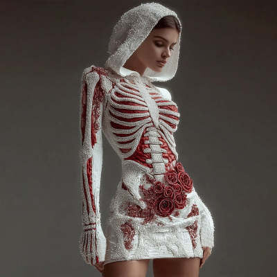 Halloween Street-style 3d Digital-print Skeleton Bodycon Skirt and Sweater Set for Europe and the Us