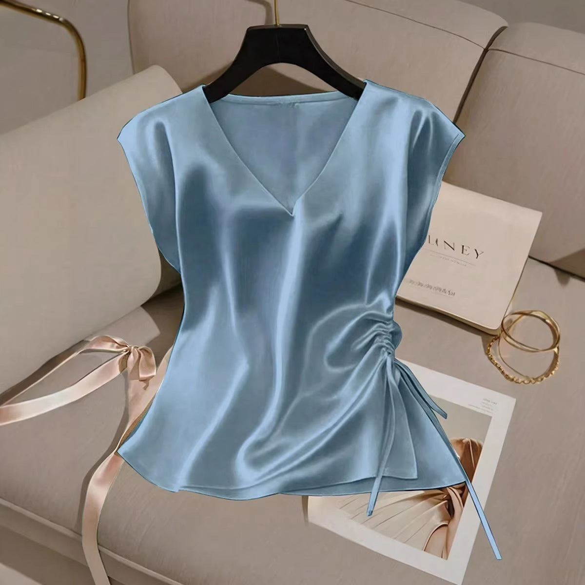 Satin V-Neck Top with Drawstring Hem – Casual, Slim Fit