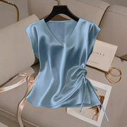Satin V-Neck Top with Drawstring Hem – Casual, Slim Fit