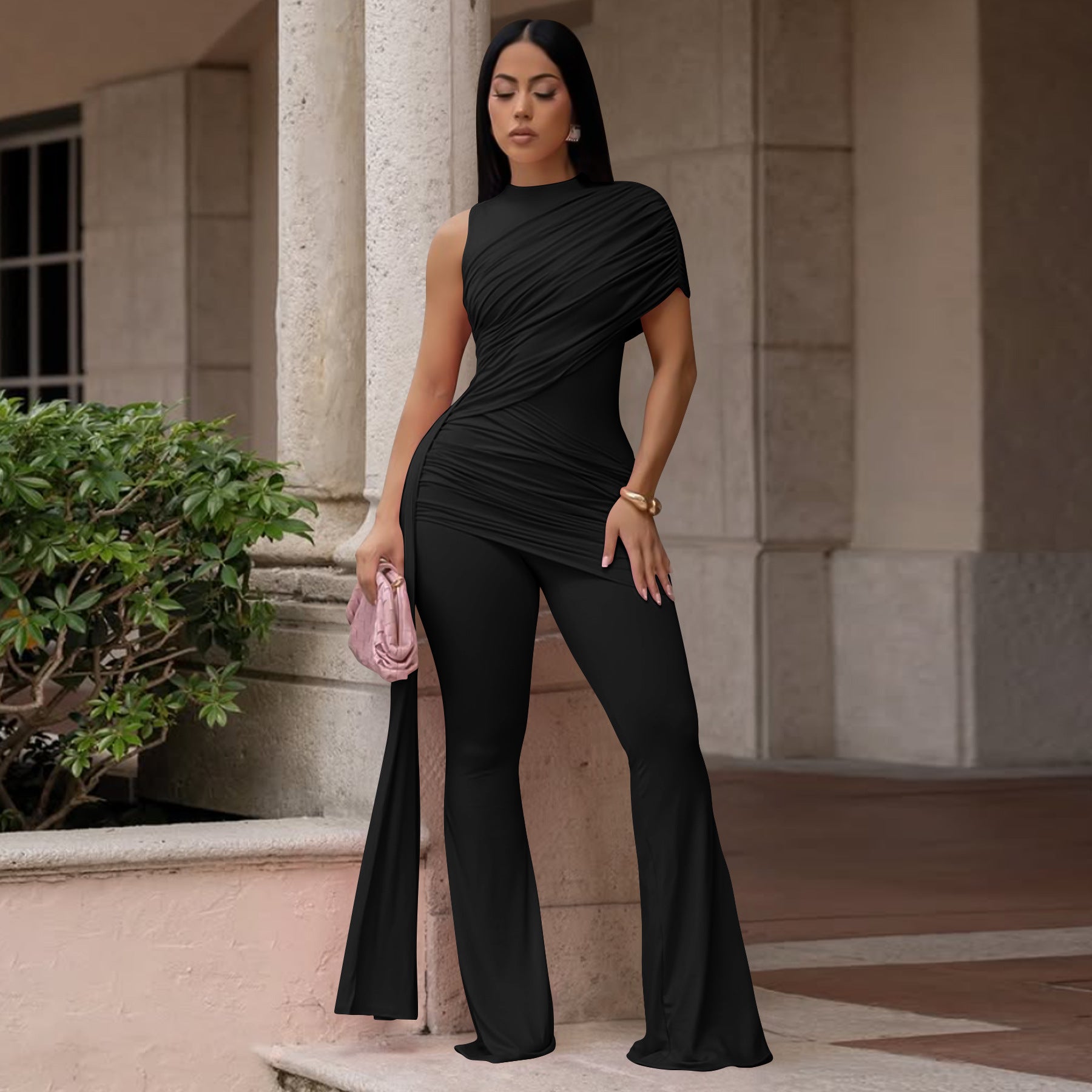 Sexy Crew-Neck Pleated Ribbon Flare Jumpsuit