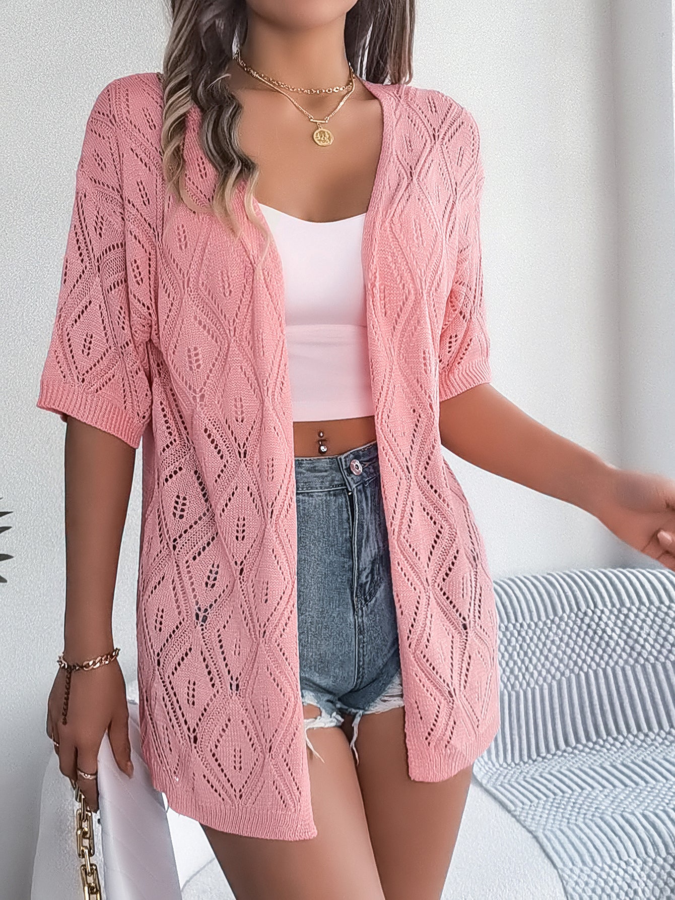Hollow‑Out Plaid Knit Beach Cover‑Up – Light, UPF30+ Short‑Sleeve