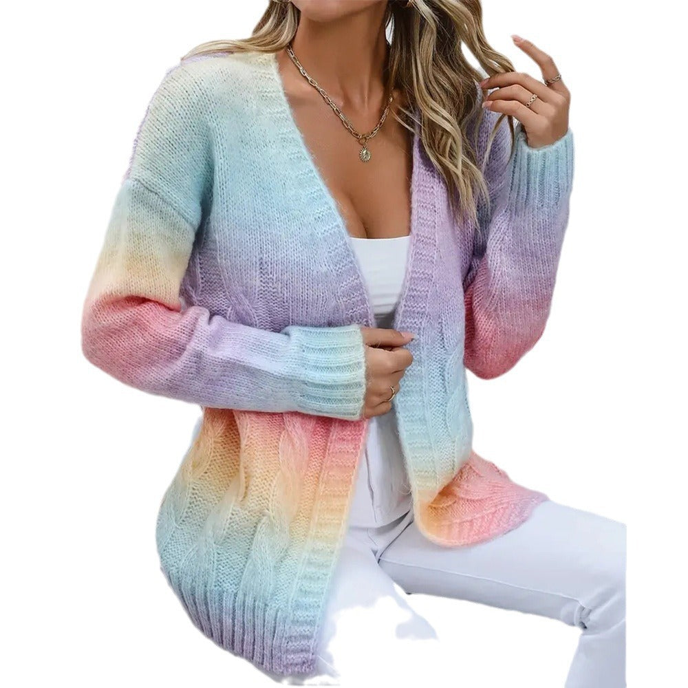 Rainbow Gradient Color Cable-knit Womens New Loose Midi Sweater
