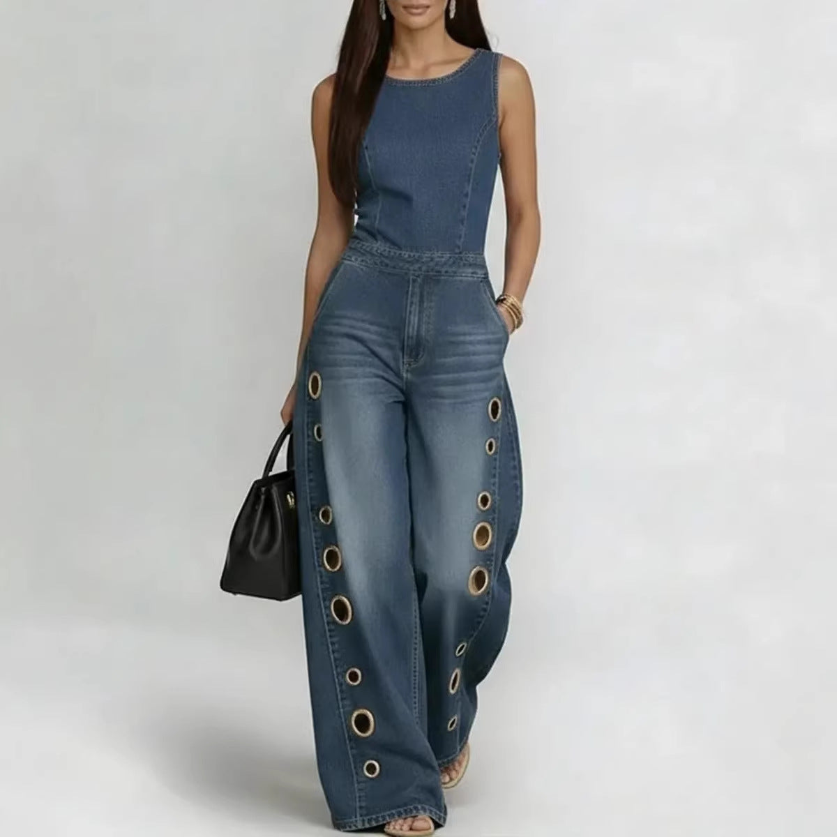 High-waisted Loose-fit Cutout Metal-detail Denim Jumpsuit